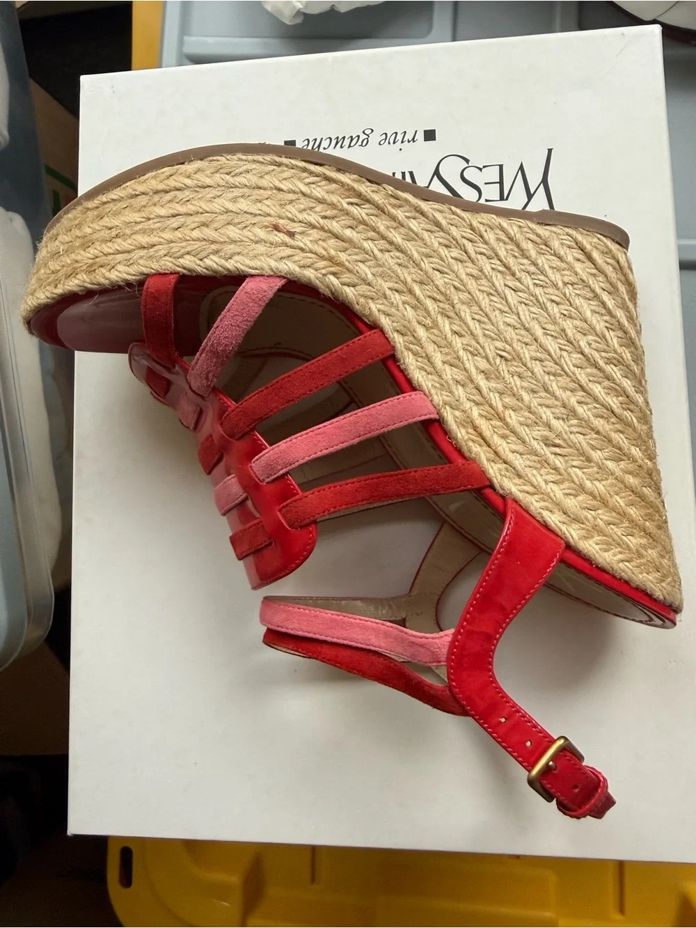 Yves Saint Laurent Pink and Red Wedge Espadrille Sandals